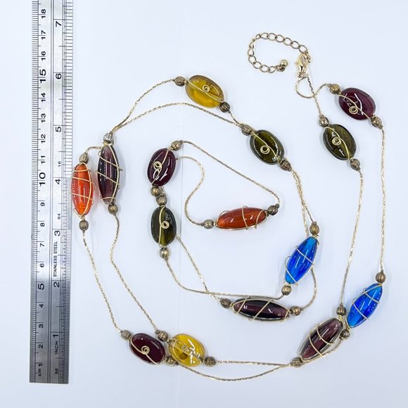NWOT - Stunning Wire Wrapped Glass Bead Gold Tone Single Strand 58” Necklace - Picture 7 of 7